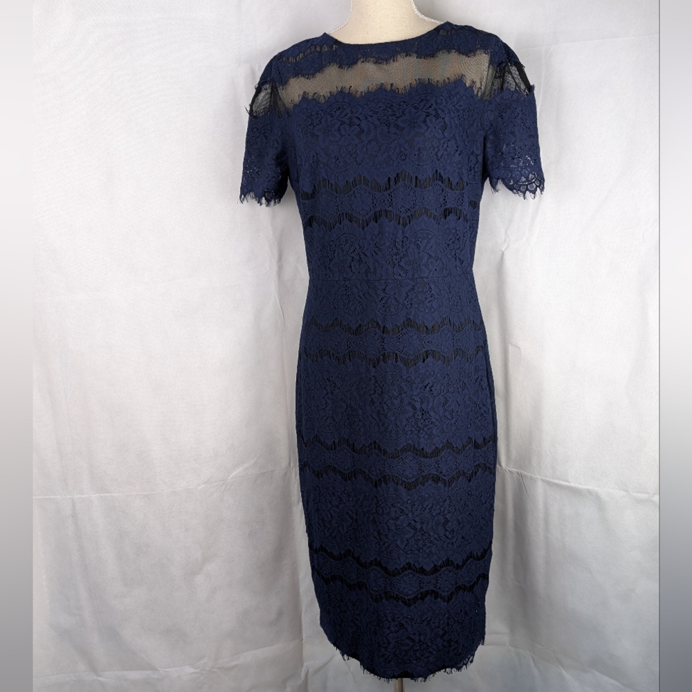 Sangria Navy Lace Overlay Black Lining Dress Size 14 Eyelash Seam Mesh Lace